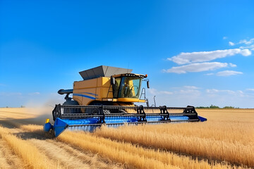 Agricultural Machinery Harvesting Barley in a Green Field