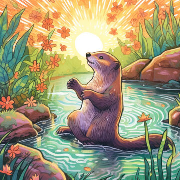  A whimsical scene of a playful otter frolicking 
