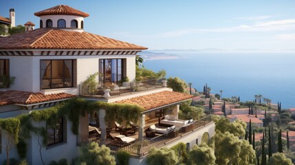 A Mediterranean villa perched on a hill, with terracotta roof tiles and a panoramic view of the Mediterranean Sea.