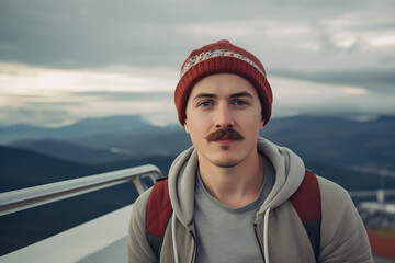 a handsome 25 year old white man skinny face moustache clean shaven pointed chin slim cheeks wearing a beanie, standing on a washington mountain top