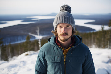 a handsome 25 year old white man skinny face moustache clean shaven pointed chin slim cheeks wearing a beanie, standing on a washington mountain top - obrazy, fototapety, plakaty