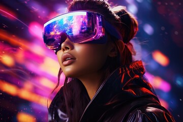 Neon Dreams: Futuristic Portrait of a Girl in VR Glasses Exploring a Digital Wonderland