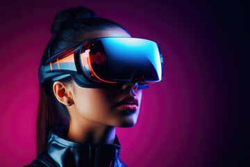 Neon Dreams: Futuristic Portrait of a Girl in VR Glasses Exploring a Digital Wonderland
