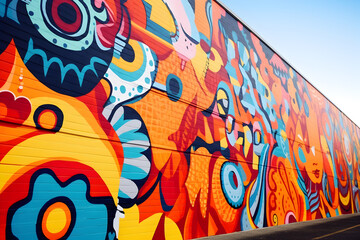 Vibrant colorful graffiti mural on an outdoor building wall.