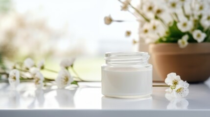white Wooden table on blurred whitening and moisturizing Face cream in an open glass jar and flowers on white background, Advertisement, Print media, Illustration, Banner, for website - obrazy, fototapety, plakaty