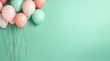A Colorful balloons on pastel green wall background with copy space.