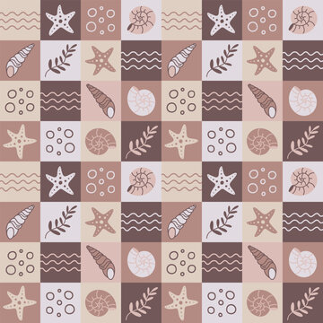 Sea animals seamless vector pattern. Nautilus and cone shells, shellfish, starfish, algae on the seabed. Brown underwater clams, flat cartoon style. Summer ocean background for wallpaper, packaging