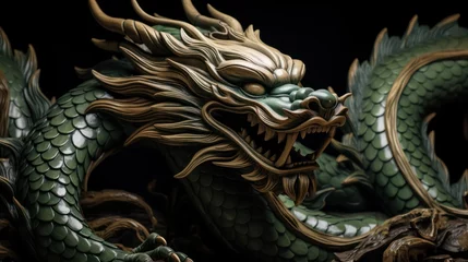 Tuinposter A Powerful green carved wooden dragon terrifying Chinese wood carving art Chinese New Year 2024 concept New Year greeting card background. © Phoophinyo