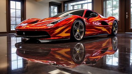 A glossy epoxy floor with a luxury sports car in a garage, featuring a mesmerizing, abstract, and high-gloss surface finish.
