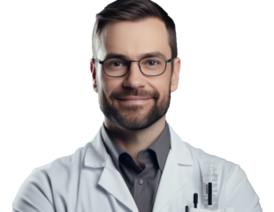 A Portrait of a cheerful handsome doctor showing and advertising a new vaccine product on a gray background.