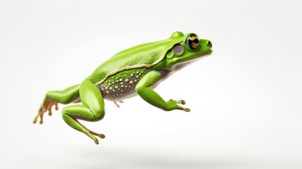 A Green frog jumping on white isolated background. - obrazy, fototapety, plakaty