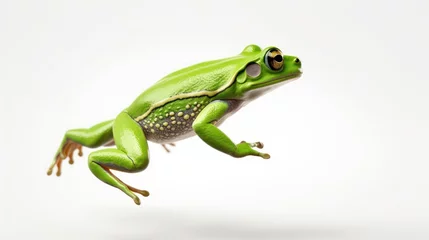 Foto op Plexiglas A Green frog jumping on white isolated background. © Phoophinyo