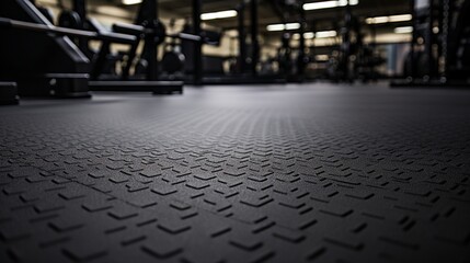 A rubber gym floor with a textured surface, providing durability and traction for intense workouts. - obrazy, fototapety, plakaty