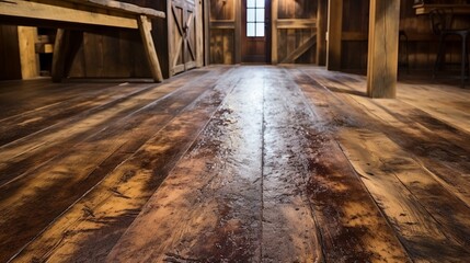 A rustic epoxy floor with a weathered, textured appearance, perfect for complementing the decor of a cozy, countryside cabin.