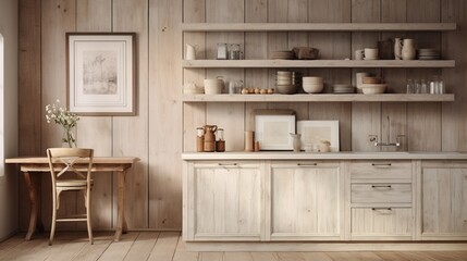 A rustic kitchen with natural oak wood grain walls and distressed white cabinets.