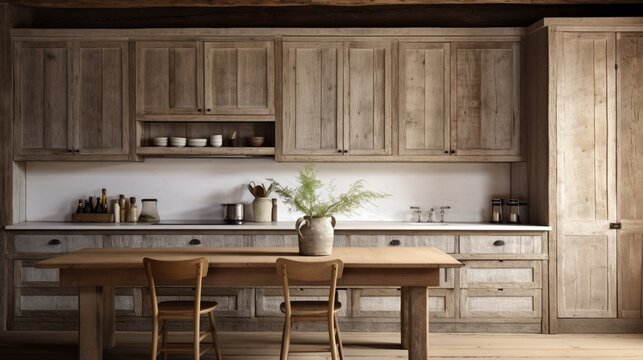 A rustic kitchen with natural oak wood grain walls and distressed white cabinets.