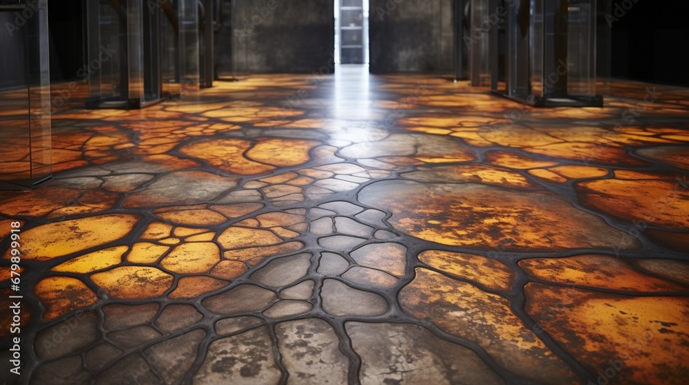 Wall mural a weathered and textured concrete floor with intricate acid-stained patterns, adding an industrial t