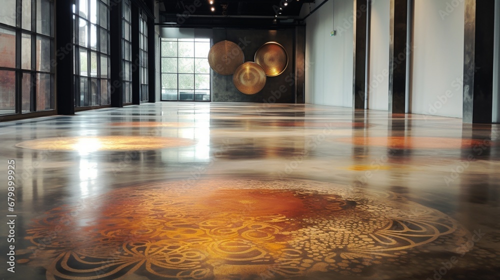 Wall mural a weathered and textured concrete floor with intricate acid-stained patterns, adding an industrial t