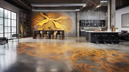  A weathered and textured concrete floor with intricate acid-stained patterns, adding an industrial touch to a modern space. © ZUBI CREATIONS