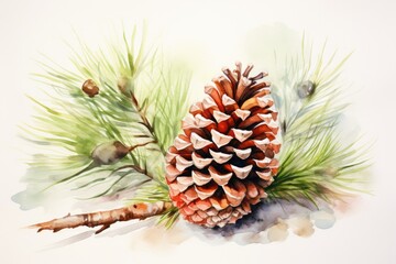 watercolor fir cone Watercolor pine cone Hand painted pine branch with cone