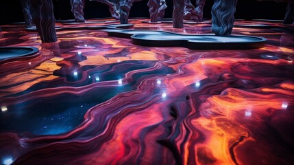 An abstract, textured epoxy floor resembling an otherworldly landscape, enhancing the atmosphere of a trendy nightclub.