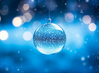 Fototapeta na wymiar A large blue Christmas ball hanging from a chain, glossy finish. It is suspended in front of a dark blue background, xmas, bokeh