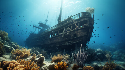 Shipwreck at the bottom of the sea