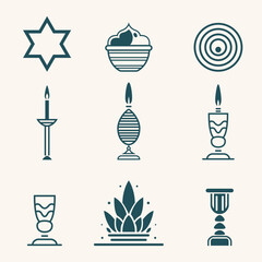 A curated vector set embodies Jewish traditions with symbols like candles, Star of David, and more, capturing the essence of cultural and spiritual heritage.