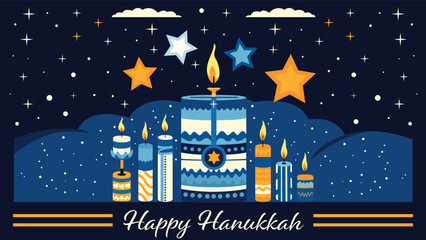 7 vibrant candles illuminate a festive Hanukkah scene. A joyous Happy Hanukkah greeting adds warmth to this colorful vector illustration.