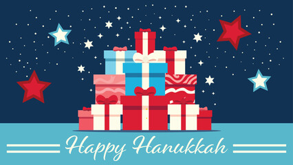 Present boxes abound in a joyous Hanukkah scene. A Happy Hanukkah greeting adds warmth to this festive and gift-filled vector illustration.