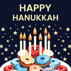 7 vibrant candles, delectable donuts, and a Happy Hanukkah greeting create a festive vector scene, a sweet celebration of light and joy.
