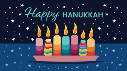 7 vibrant candles illuminate a festive Hanukkah scene. A joyous Happy Hanukkah greeting adds warmth to this colorful vector illustration.