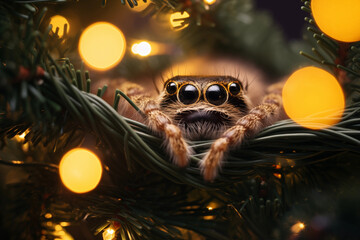 a cute jumping spider hiding in a christmas tree