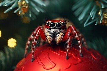 a cute jumping spider hiding in a christmas tree - Powered by Adobe