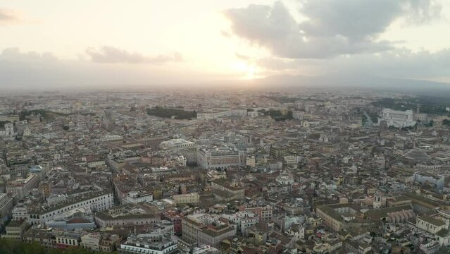 A beautiful sunrise over Rome, Italy.  4k aerial drone footage