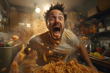 Raging man over the pasta in the kitchen with flying pasta pieces in the air, overreacting cook - obrazy, fototapety, plakaty