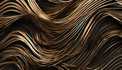 Abstract Gold (bronze) wave lines paper ribbons on black empty background.