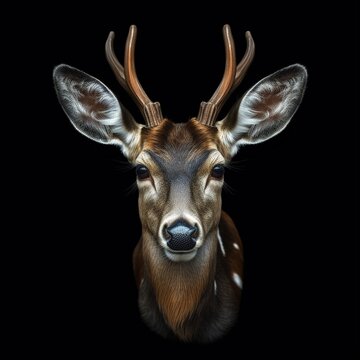 Front view of a deer head isolated on black background, 3D style illustration, cutout, isolated