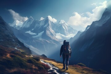 A lone traveler with a backpack looking out over a vast mountainous landscape with a mix of snow peaks and autumn vegetation - obrazy, fototapety, plakaty