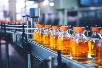 Bottling line for juice bottles at a food processing plant, showcasing industrial equipment and technology
