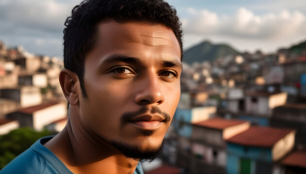 A detailed close-up portrait of a Brazilian man on a favela rooftop.