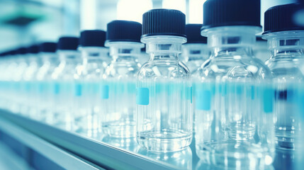 A view of a pharmaceutical production line at work, featuring medical vials and glass bottles, with pharmaceutical machines in operation.