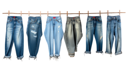 Blue jeans shirt and shorts jeans on hanging and blue torn jeans isolated on transparent background