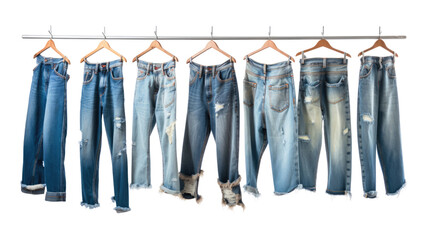 Blue jeans shirt and shorts jeans on hanging and blue torn jeans isolated on transparent background