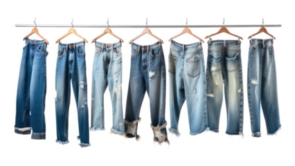 Blue jeans shirt and shorts jeans on hanging and blue torn jeans isolated on transparent background