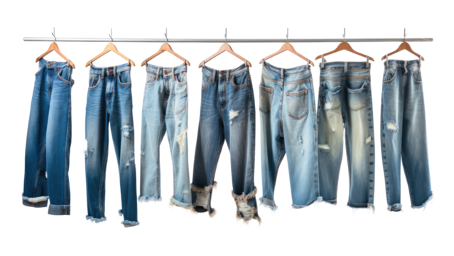 Blue jeans shirt and shorts jeans on hanging and blue torn jeans isolated on transparent background