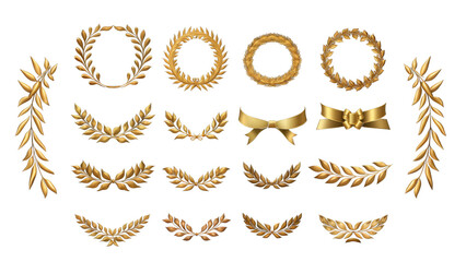 Set of golden ribbons, laurel wreaths of different shapes for winners gold podium 3d realistic luxury leadership award on transparent background, PNG file - obrazy, fototapety, plakaty