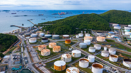 Aerial view Oil refinery, refinery plant, refinery oil and gas industry factory, Business logistics transportation concept.