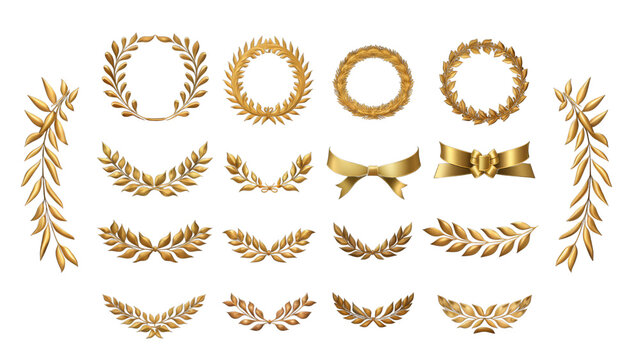 Set Of Golden Ribbons, Laurel Wreaths Of Different Shapes For Winners Gold Podium 3d Realistic Luxury Leadership Award On Transparent Background, PNG File