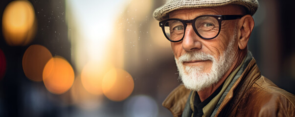 An elderly man in front of bokeh and eyeglasses, showcasing bold fashion photography.